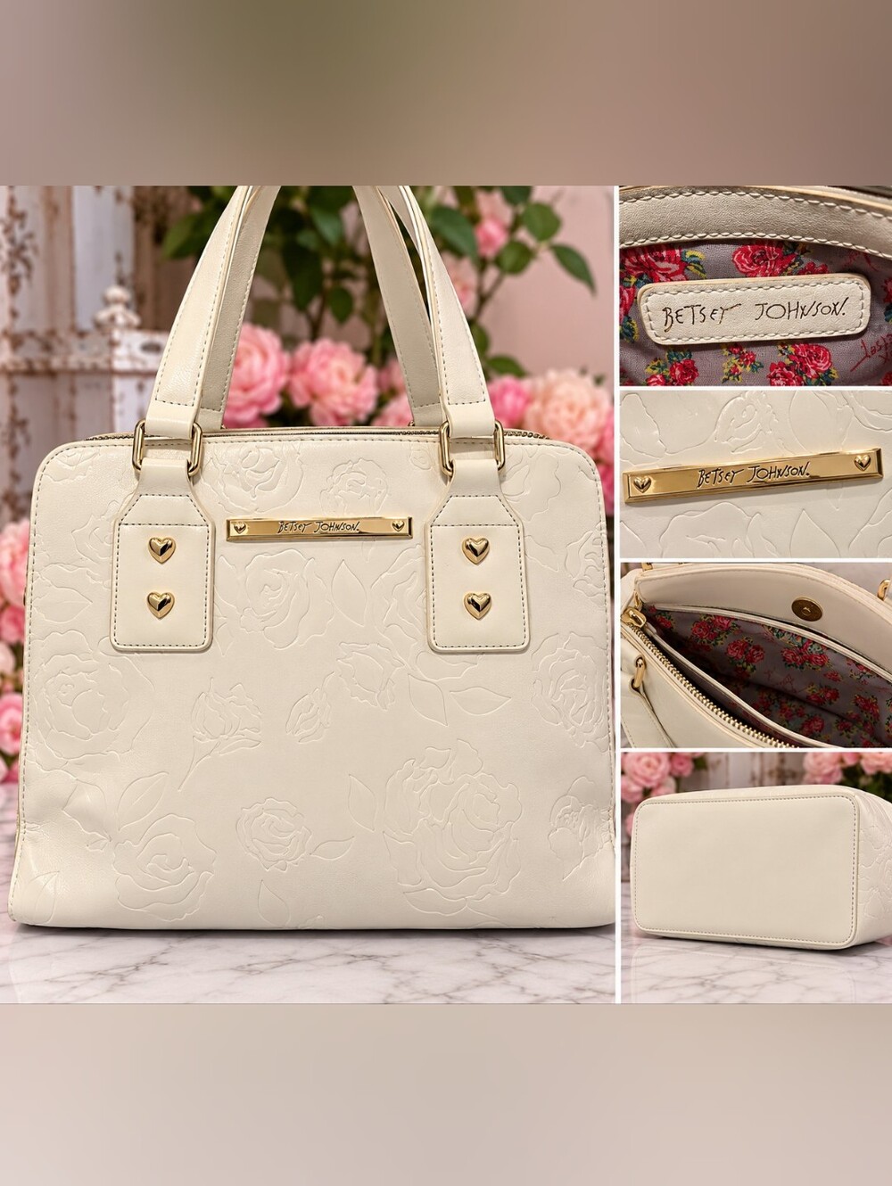 Betsey Johnson Cream Embossed Rose Satchel with Gold Accents